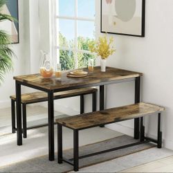 Dining Table Set with 2-Benches for Four
