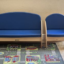 Toddler/kids Wooden Sofa & Chair Set With Vinyl Cushions & Book Holders