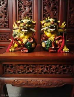 Vintage Resin Pair Chinese Foo Dog Guardian Wood Display Stand Red Tassels 7.5"