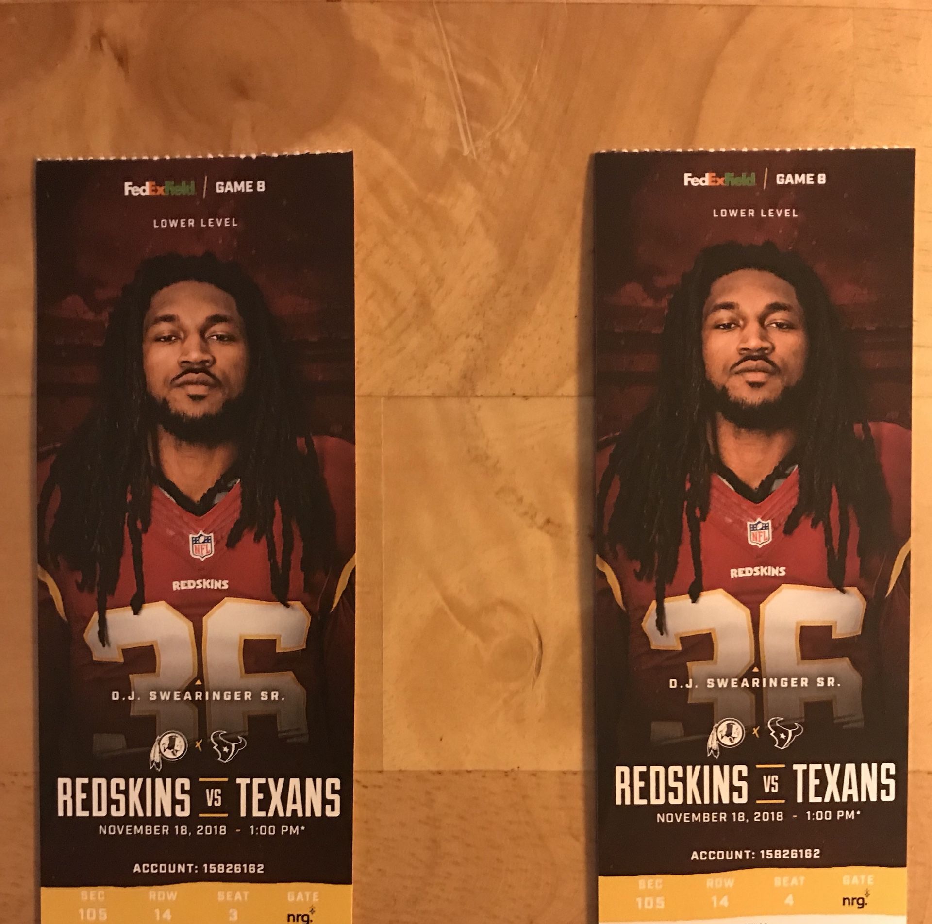 100 level Redskins vs Texans tickets!