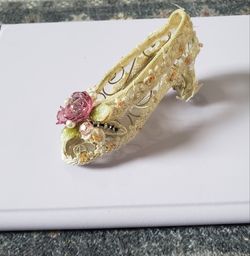 Beautiful Vintage Victorian Style High Heel Shoe Ornament/ Figurine (5") Featuring Lace, Gold Toned Accents, Beads & Detailed Pink Rose Embellished 
