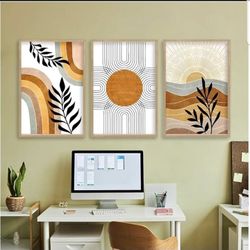 Geometric Sun Desert Wall Art Set of 3: Boho Botanical Wooden Framed Prints

