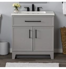 Style Selections Potter 30-in Light Gray Single Sink Bathroom Vanity with White Cultured Marble Top  Check the picture for cut in the back