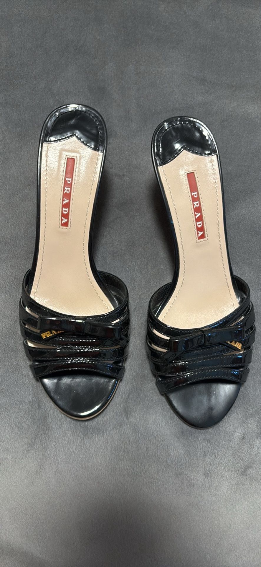 Prada Open Toe Wedges In Black Patent Leather Size 38