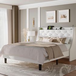 King Size Bed Frame with Luxury Wingback and Fast Charging Station