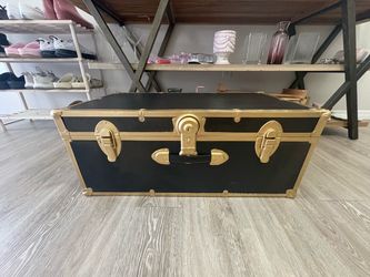Vtg Classic Footlocker Trunk No Key Rectangle Shape Black W/ repainted Gold Colored Edges