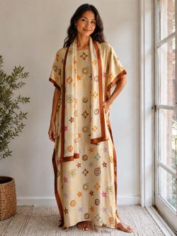 Women’s Satin Kaftan Maxi Dress w/ Matching Scarf, One Size