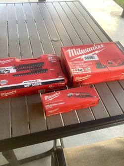 Milwaukee 43 pc 3/8 impact socket kit *** Milwaukee M12  1/4 Hex right angle impact driver ** Milwaukee battery red lithium xc4.0