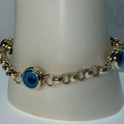 NEW, HEAVY 14k Solid Gold Eye of Nazar Blue Evil Eye Rolo Chain Link Bracelet.  1/2oz  (15.7g) SOLID 14k GOLD  7.5"