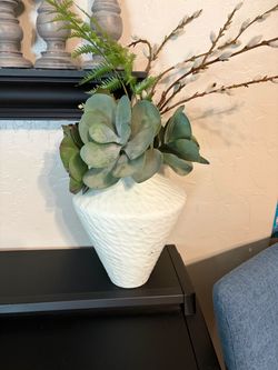White Textured Ceramic Vase with Faux Greenery