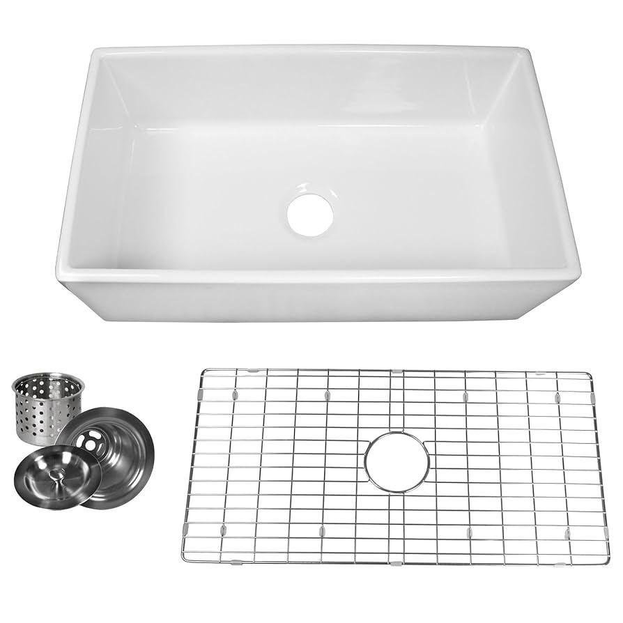 White Farmhouse Sink – 33 Inch Farm Sink with Apron for Kitchen, with Bottom Protector Rack & 3 1/2 Drain Assembly, Sturdy Fireclay, Single Bowl, Unde