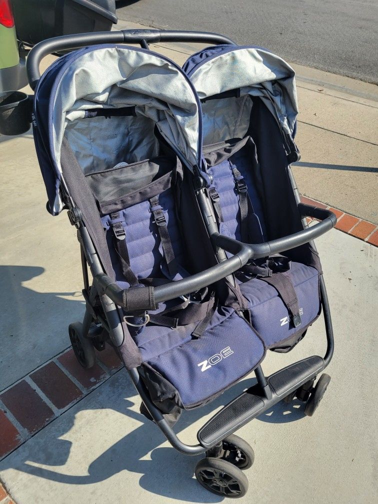 Blue Zoe Double Twin Side By Side Child Toddler Kid Push Foldable Stroller