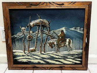 1970s Sanchez Signed Velvet Painting in Carved Wood Frame