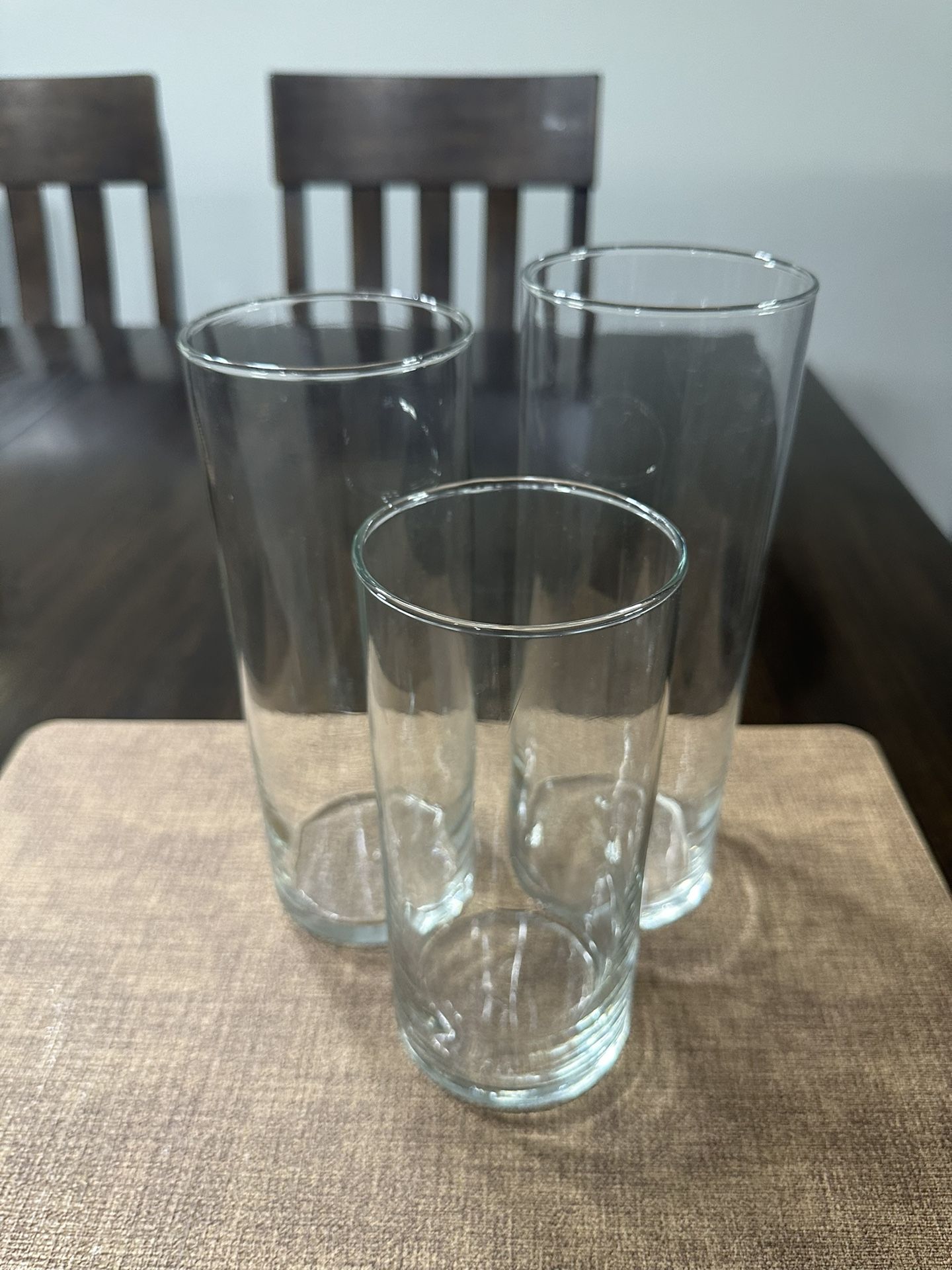 glass cylinder center pieces. set of 3, all different sizes. I have 10 sets. selling for $12 Per Set