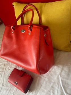 Coach orange reddish  Leather Tote Bag with Wallet