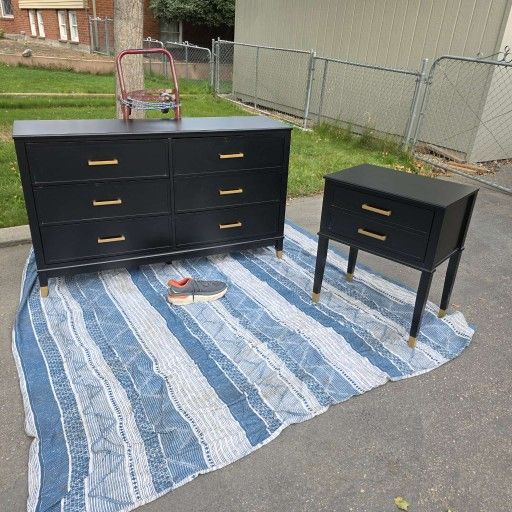 Black Dresser and Nightstand With Gold Hardware 