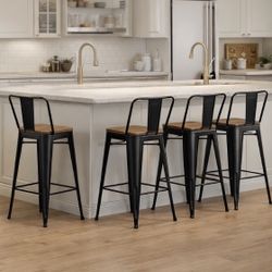 Industrial Metal Bar Stools w/ Wood Seat – Set of 8 – Counter Height