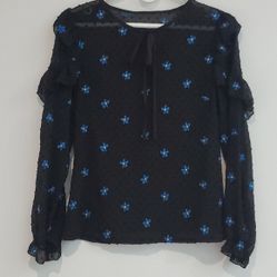 WhimsiGoth sheer Ruffle Embroidered Floral long sleeve Bohemian Blouse XS 