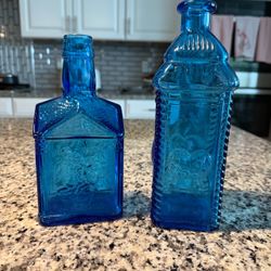 Blue Embossed Glass Decorative Bottles Set of 2
