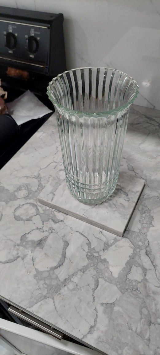 Elegant Vintage Clear 9.5" tall Ribbed and Flared Glass Vase. Very Heavy