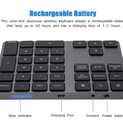 Numeric Keypad, Rechargeable Aluminum Alloy 34 Keys Mini Bluetooth Numpad, Slim External Numpad Keyboard Data Entry Support Windows, iOS, Android Syst