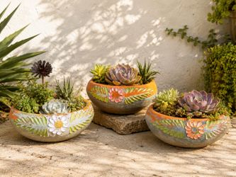 Vintage Set 3 Terracotta Planter Pots Rustic Weathered Patina Flowers Low Urns Handcrafted Succulents Flowers Trees