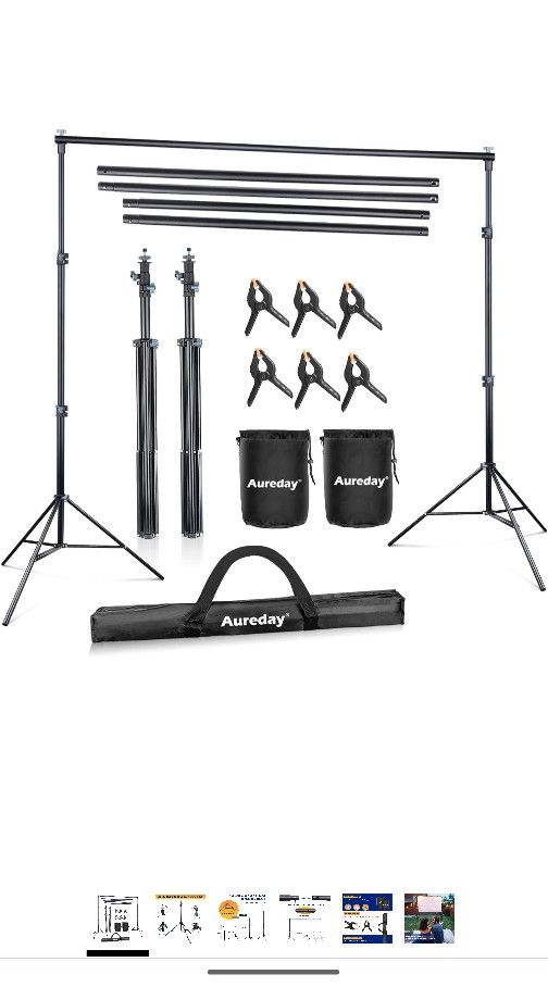 Aureday Backdrop Stand, 10x8.5ft Adjustable Photo Backdrop Stand for Parties, Heavy Duty Background Stand with Travel Bag, 6 Backdrop Clamps, 4 Crossb
