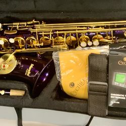 Mendini Cecilio Flat Alto Saxophone Sax Purple Lacquered MAS-PL Musical Instrument Music Beginner Horn Mouthpiece Tone Sound Hobby