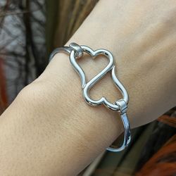 S925 silver double heart chunky cuff bangle bracelet