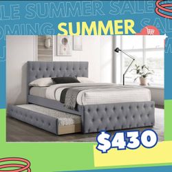 New In Box FULL BED W/TRUNDLE-LIGHT GREY BURLAP And 2 Mattresses.