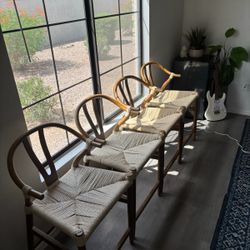Set of 4 Vintage Woven Rope & Wood Dining Chairs – High End / Mid Century Style