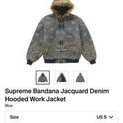 Supreme Bandana Jacquard Denim Hooded Work Jacket Blue Size Small $550