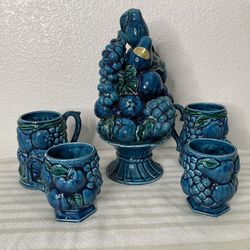 Vintage  Inarco "Mood Indigo" blue ceramic fruit topiary sculpture or centerpiece with Coffee Cups And Mug Cups 