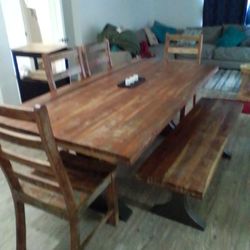 Very Nice Heavy Heavy Duty Solid Wood Shabby Chic Dining Table Four Chairs And Bench