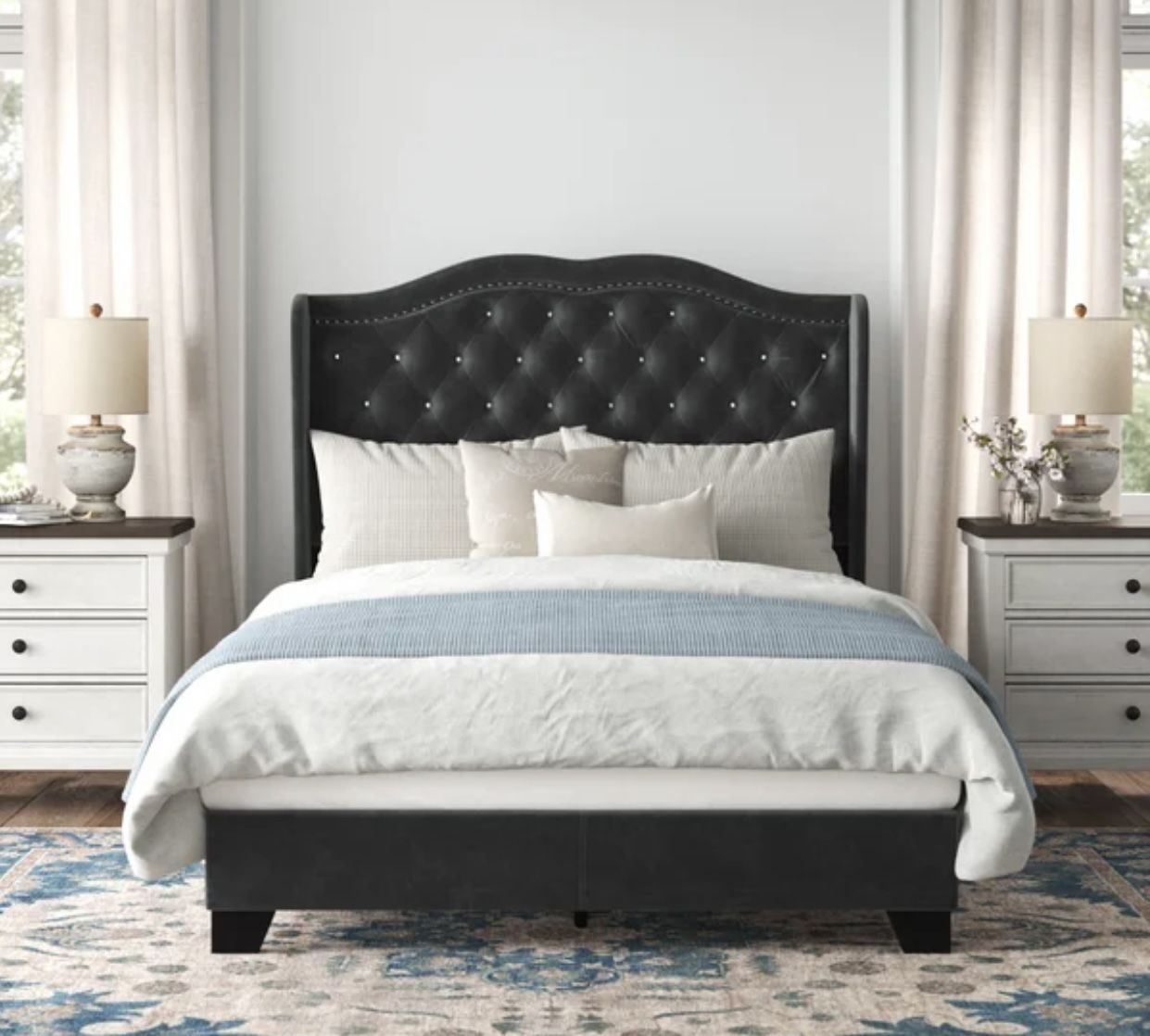 QUEEN Carlie Tufted Upholstered Low Profile Standard Bed in black. Unassembled new open box inspected. 55.1” x 65.6” x 85.7”. MSRP $330. Our price $17