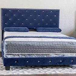 Brand New Blue King Size Diamond Velvet Bed Frame With New Mattress/Fast Delivery