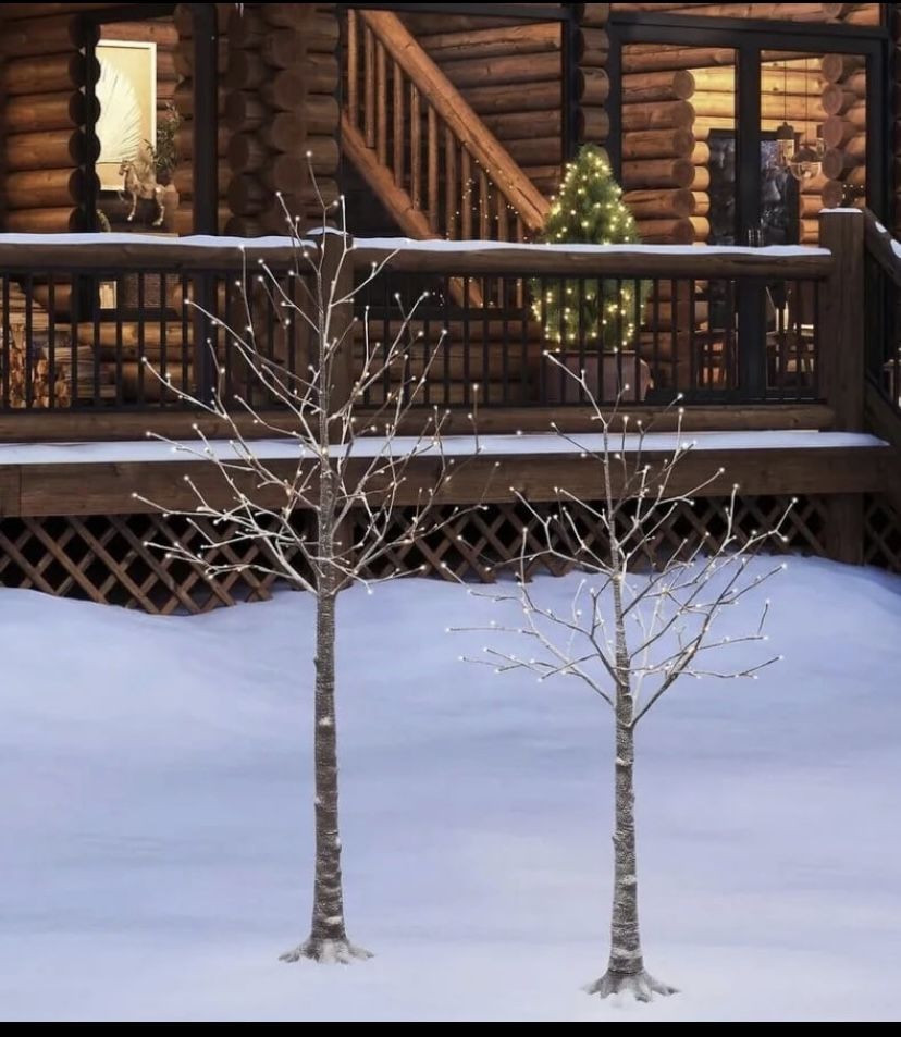 Pre Lit Flocked Artificial Birch Tree 296 Warm White LED Lights Set of 2