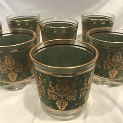 Vintage 50’s Jeannette Glass Laurel & Lyre Green And Gold Cocktail Glasses - Set Of 8