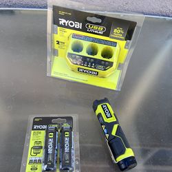 Ryobi USB Lithium flashlight , Extra Batteries and Multi Port USB lithium charger