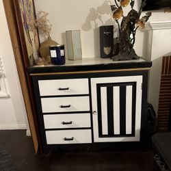 Black White Gold Stripe Custom Painted Bar Cabinet Storage Credenza Shelf Dresser Console Solid Wood