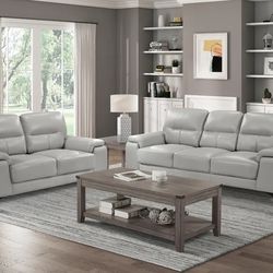 Mischa Silver Grain Top Grain Leather Living Room Set (Couch Sofa Loveseat Options 