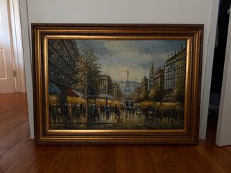 Large Framed Paris Eiffel Tower Cityscape Painting