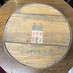 Antique Wooden Brentwood Round Box "Welcome Friends" Painted