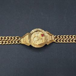 Solid 14k Gold Saint Barbara Bracelet With Ruby, 9" Long.