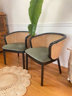 Mid-Century Modern Black Cane & Green Velvet Accent Chairs (Pair)