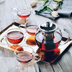 Transparent Glass Tea Pot w/ Infuser and Set of 4 Glass Tea Cups