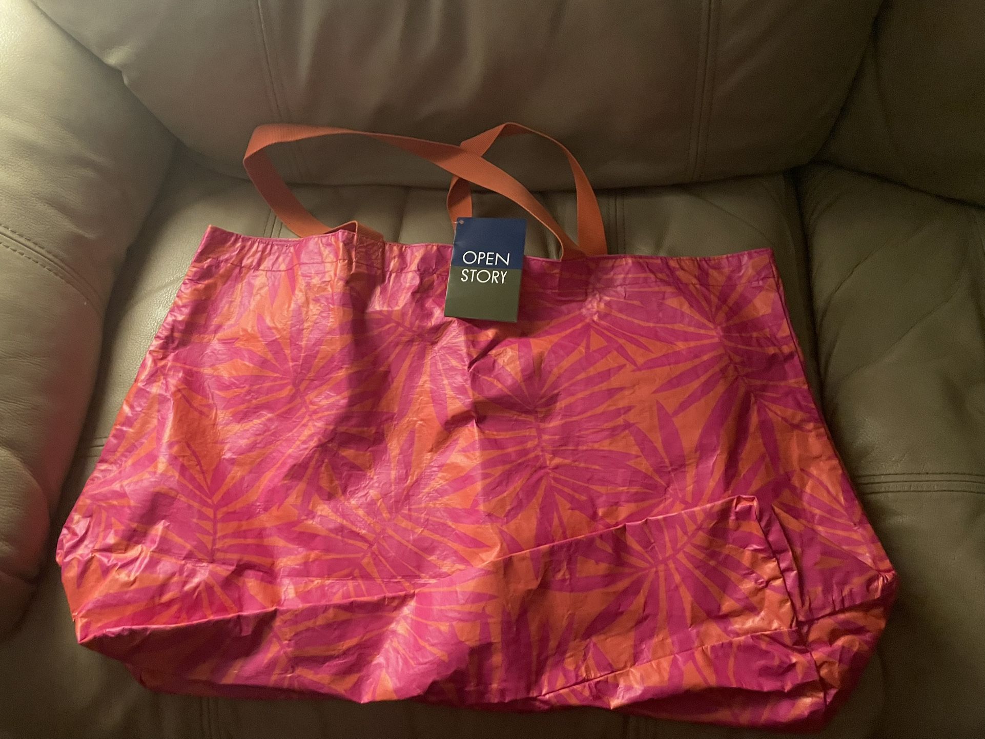 Open Story Pink and Orange Tote Bag Reversible Water Resistant NWT 19”x7”x14.5”