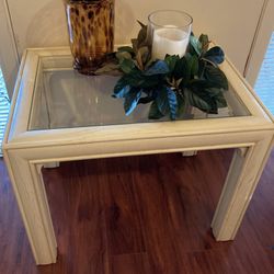 Two all wood end or side tables. Ivory/Cream colorBeveled Glass tops Like New Accent tables