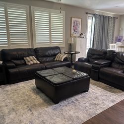 Reclining sofa and love seat with storage ottoman. All recliners work, non smoking home.