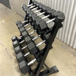 New In Box 5-50lb Rubber Hex Dumbbells With 3 Tier Dumbbell Rack Weights Gym Equipment